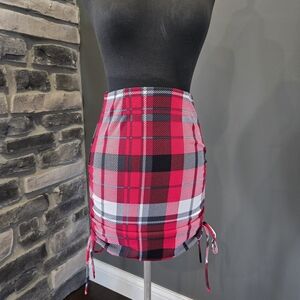 Windsor Red & Black Plaid Side-Ruched Mini Skirt